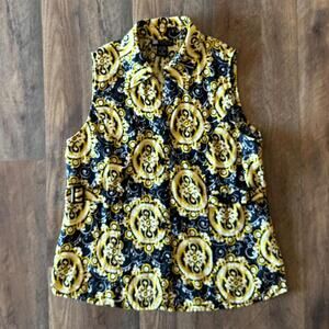 Carole Little Top Button Up 100% Linen Sleeveless Black & Yellow Artsy Sz Medium